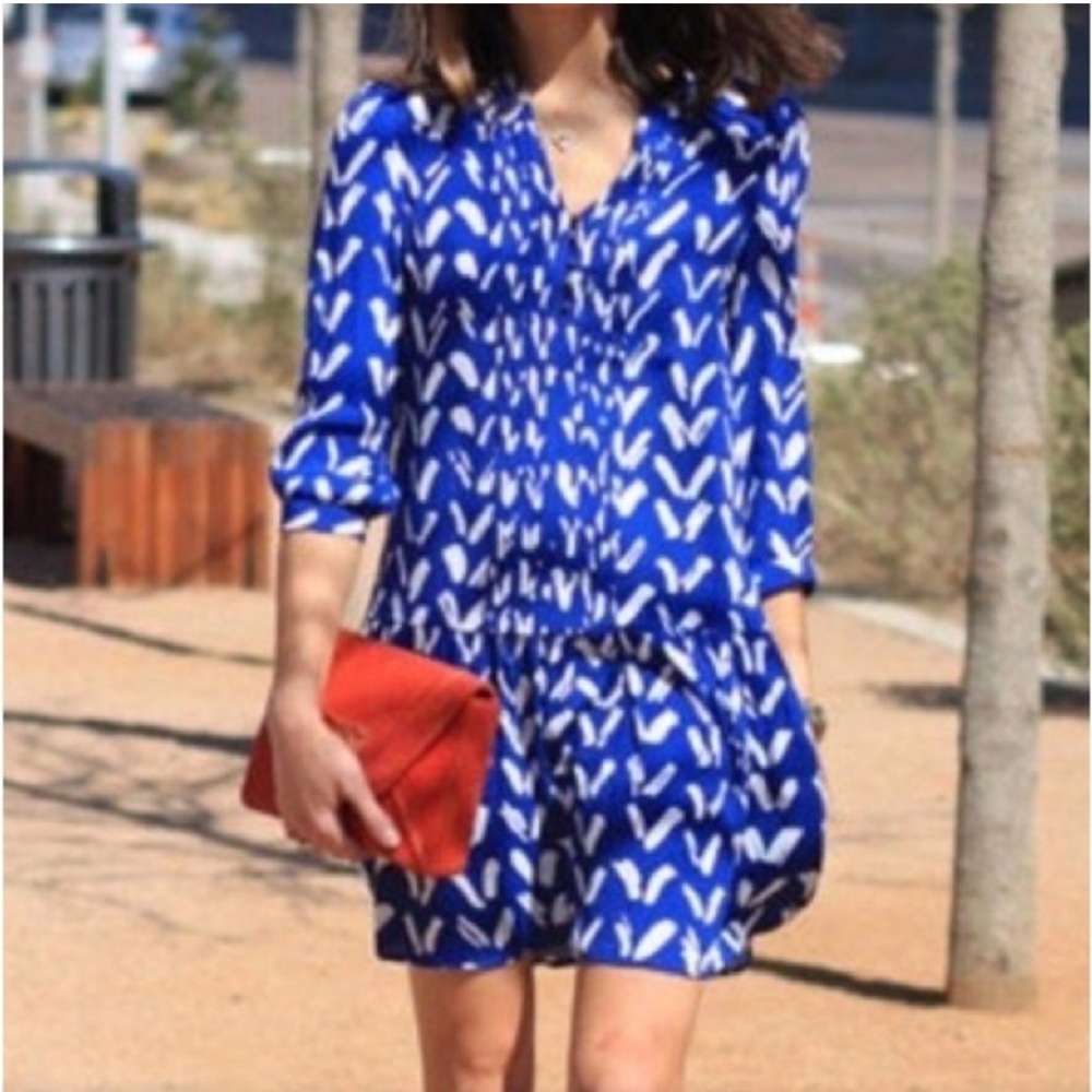 Maeve Drop Waist Caravane Tunic Dress Blue White Print 3/4 Sleeves Anthro Small